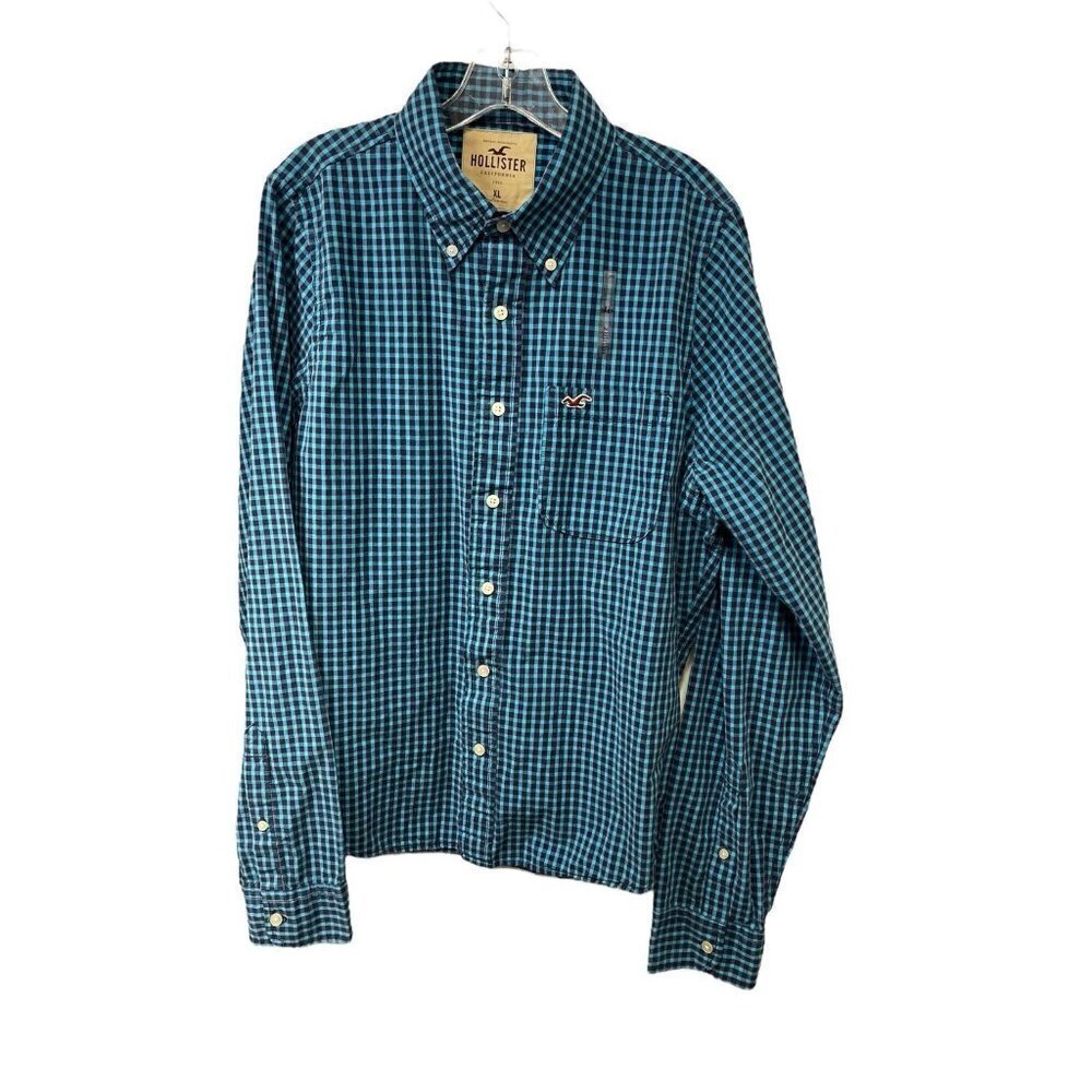 NEW Hollister Mens Shirt Blue Plaid Pocket Long Sleeve Embroidered Button XL